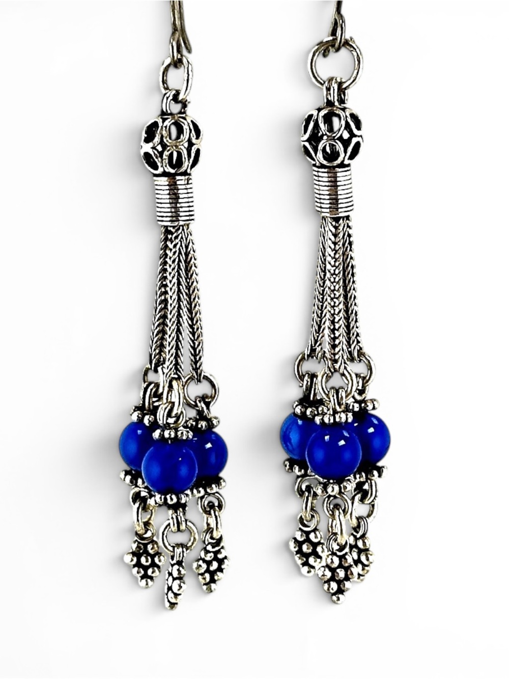 Chalcedony Sterling Silver Tassel Dangle Drop Earrings Vintage Bali Fringe‎